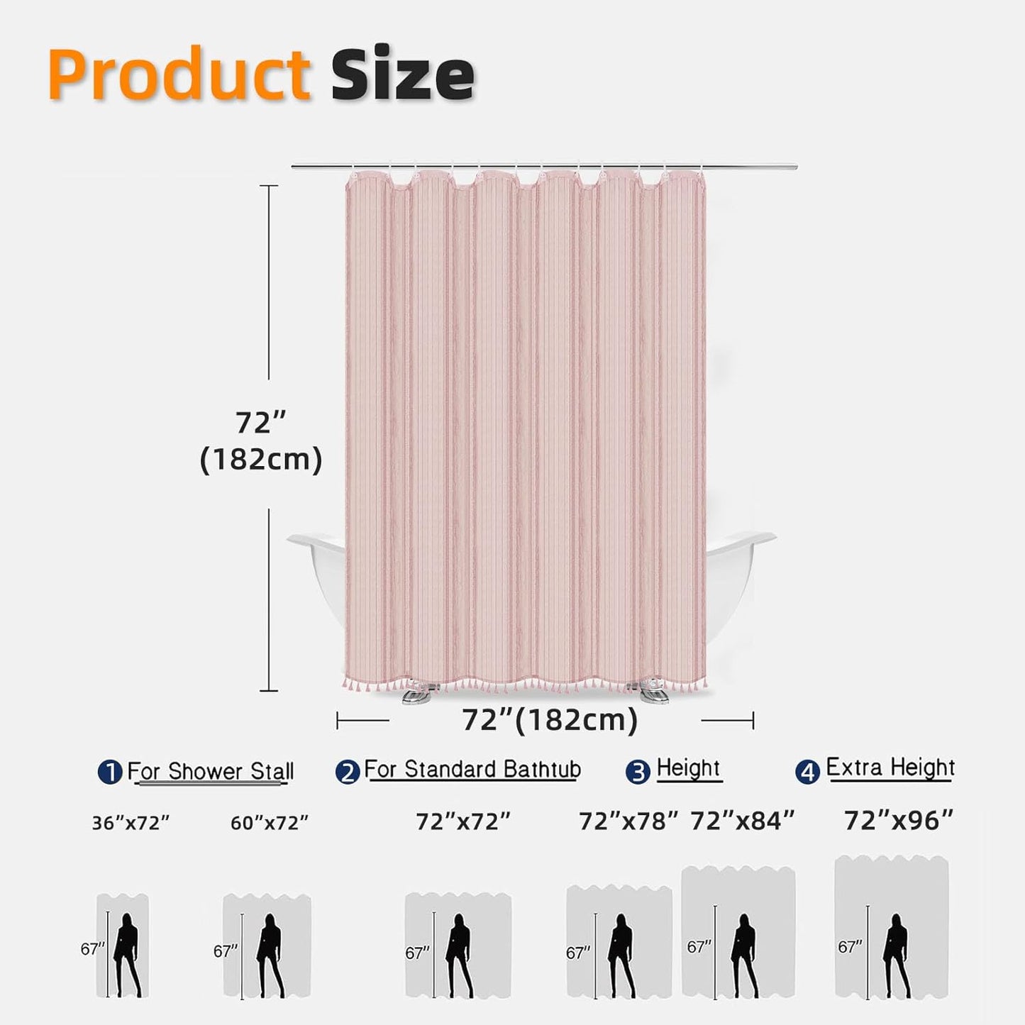 Seasonwood Pink Fabric Boho Shower Curtain Textured Vertical Stripe Tassel Shower Curtain Farmhouse Minimalist Cute Shower Curtains Pink, 72x72