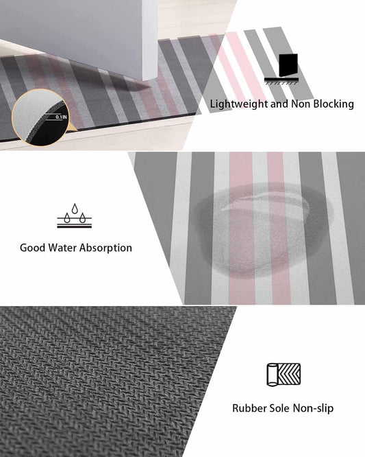 Pink Striped Bath Mat for Tub,Geometric Grey White Vertical Stripes Non Slip Bathroom Floor Runner Rug Quick Dry & Absorbent Diatomaceous Earth Shower Sink Bedroom Kitchen Living Room Doormat 16"x24"