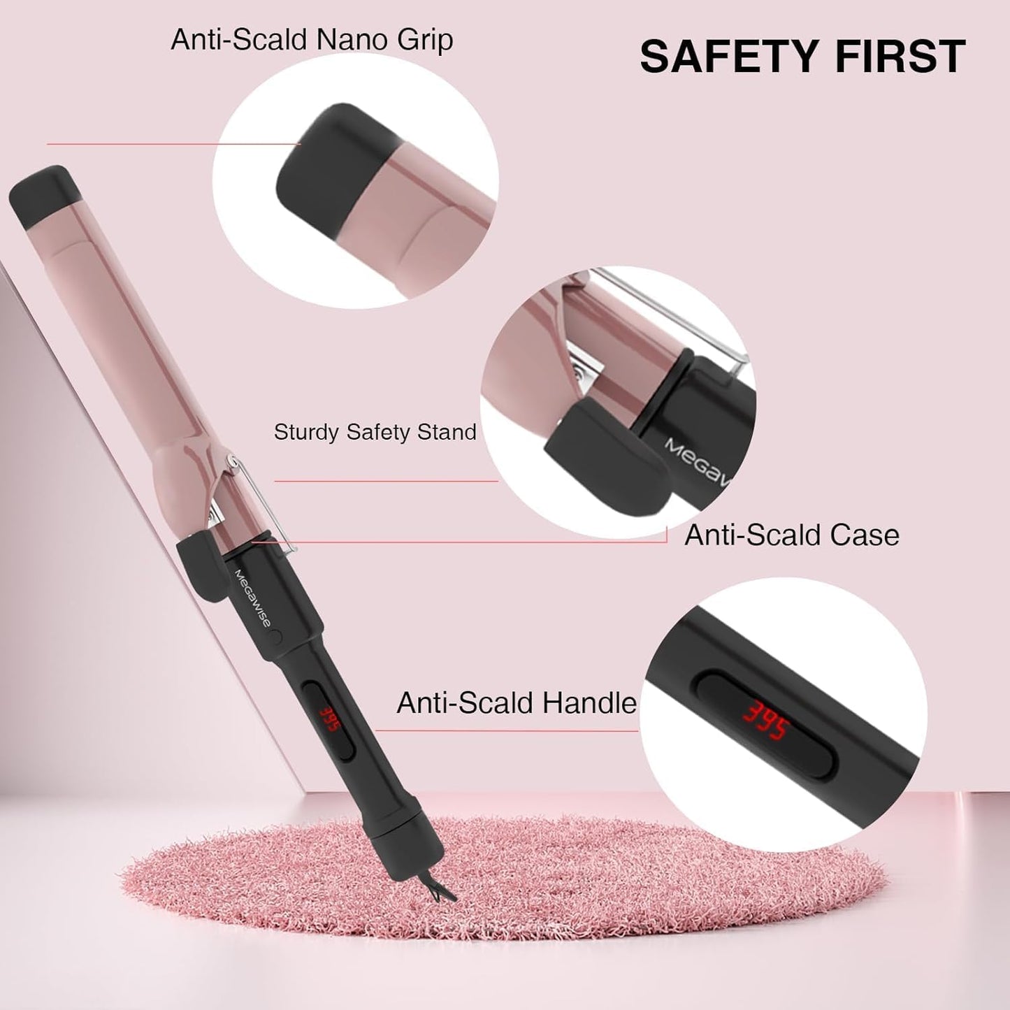 MEGAWISE Pro 1.25 Inch Ceramic Barrel Hair Curling Iron with 60s PTC Fast Heating, Anti-Scald Grip & Tip, Auto Shut Off, 360° Swivel Cord, 2 Clips & Heat-Resistant Glove Included