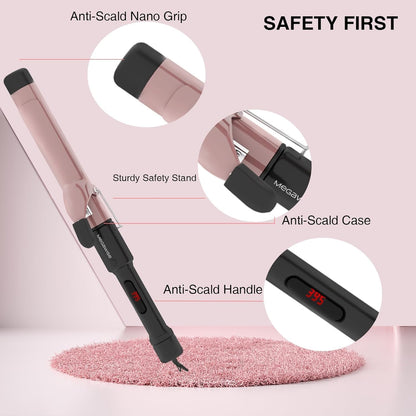 MEGAWISE Pro 1.25 Inch Ceramic Barrel Hair Curling Iron with 60s PTC Fast Heating, Anti-Scald Grip & Tip, Auto Shut Off, 360° Swivel Cord, 2 Clips & Heat-Resistant Glove Included