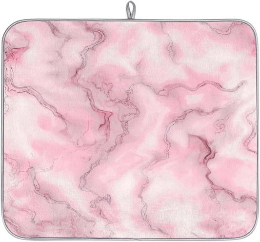 Polyester Absorbent Small Dish Drying Mat - 16x18 Inch Quick Dry Kitchen Counter Protector for Dishes & Utensils, Light Pink Marble Pattern