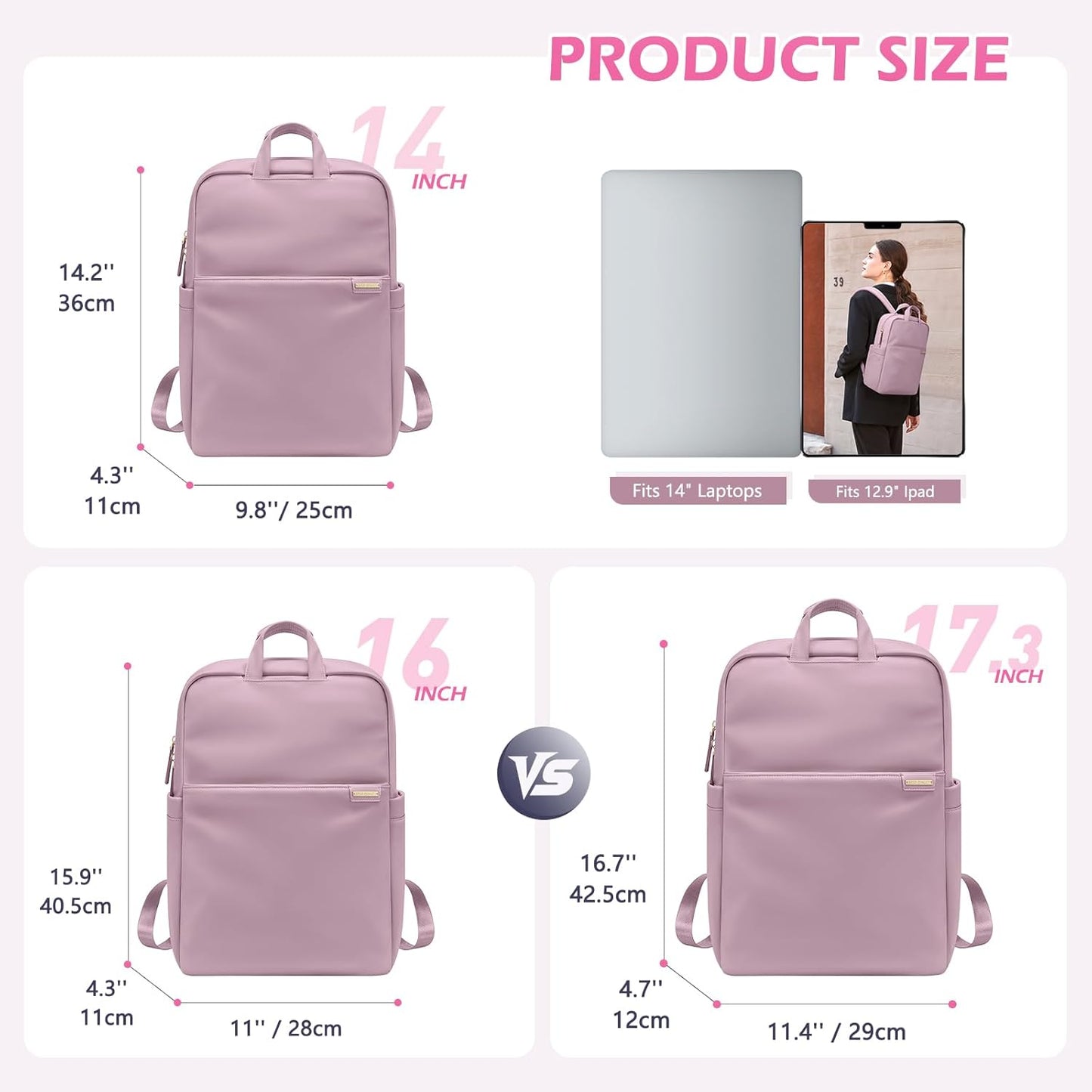 Slim Laptop Backpack for Women, Lightweight Business Backpack for Women Computer Bag Purse for Commuting, Fit 14Inch, Pink Purple