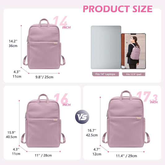 Slim Laptop Backpack for Women, Lightweight Business Backpack for Women Computer Bag Purse for Commuting, Fit 14Inch, Pink Purple