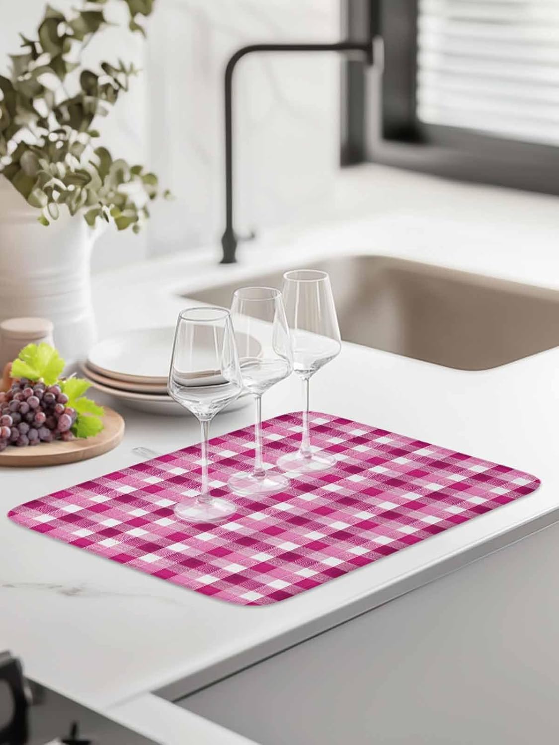 Pink White Check Dish Drying Mat 18x24 inch Modern Pink Theme Simple Super Absorbent Microfiber Dish Drying Pad for Kitchen Countertops Sink Dish Drainer Racks Coffee Bar Mats 2 Pack