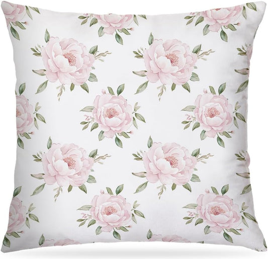 French Country Pink Peony Floral Pillow Covers 18x18, Cottagecore Pink Flower Botanical Decorative Throw Pillow Covers for Home Girls Bedroom Dorm Apartment