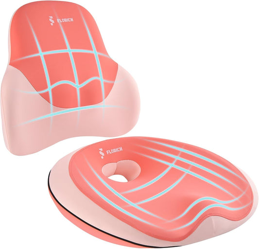 FLORICH Seat Cushion Lumbar Support Pillow for Office Chair, Car Lower Back Support, Ergonomic Desk Chair Pillow for Butt and Back Support of Memory Foam Seat Pad(Pink)