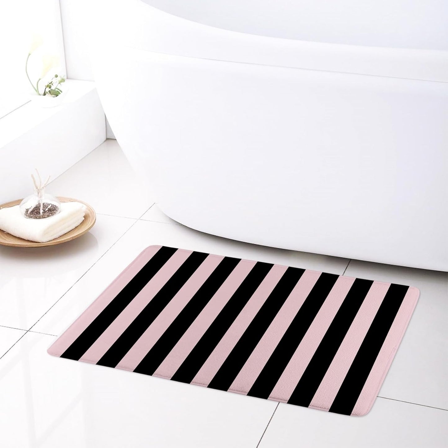 EOBTAIN Black Striped Bath Mat for Shower Pink Stripe Bathroom Rugs Funny Abstract Bathtub Mat Non Slip Door Mat Indoor Entrance Memory Foam Floor Mat for Bedroom Bathroom Accessory 24x16 Inch