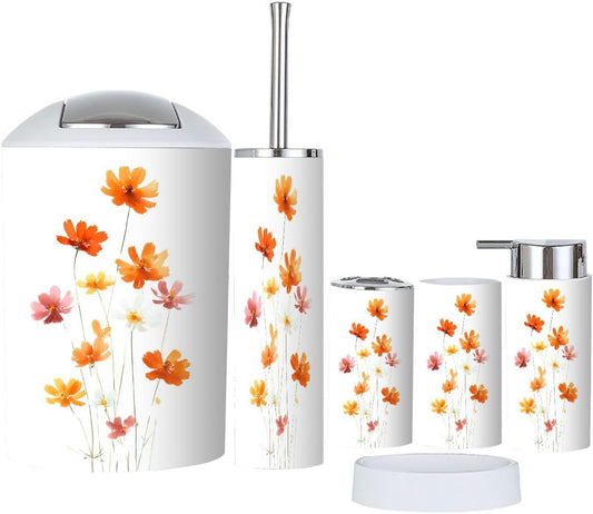 Pink Coastal Bathroom Accessories Set 6 piece Blush Sunset Watercolor Floral Wildflower Landscape Boho Plastic shatterproof Vanity Organization countertop Decor for Home, Apartment, Dorm