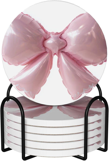 Light Pink Bow Balloon Ceramic Coasters with Holder Set of 6 Coffee Cup Drink Coasters