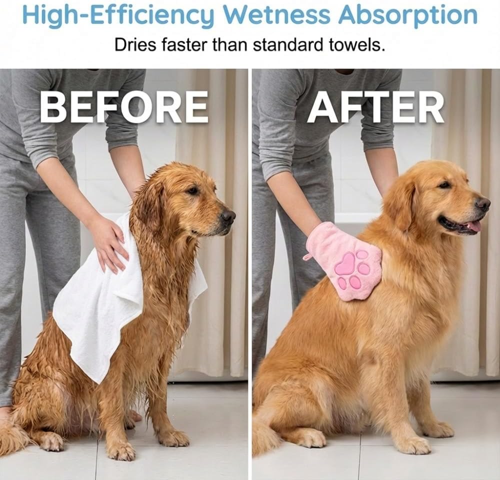 SENOY Paw Bathing Towel for Cats, Washable Reusable Coral Fleece Pet Drying Glove, Quick-Absorbent Cat Bathing Supplies with Hanging Loop, Soft Grooming Towel for Dogs & Cats (Pink-2pcs)