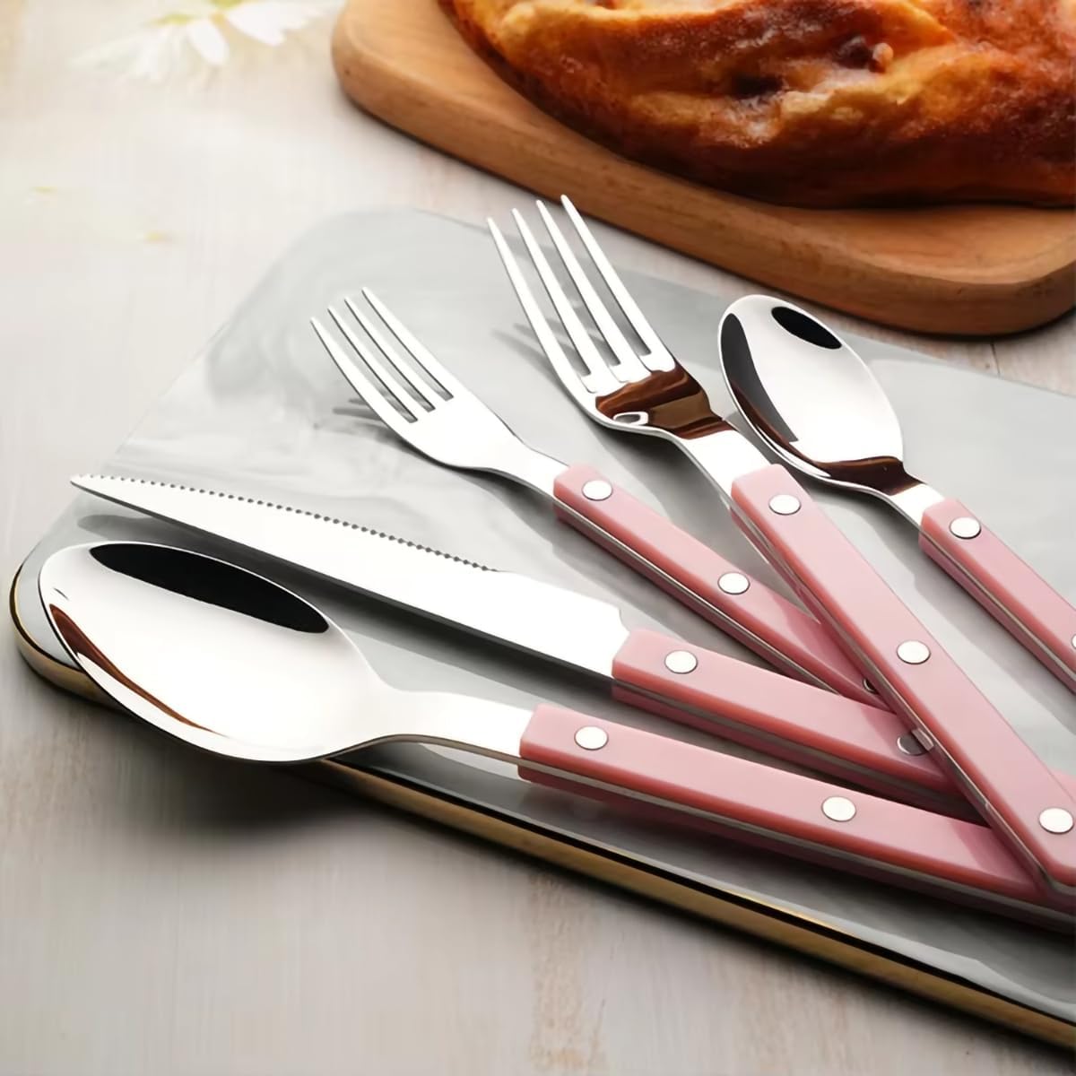 Pink-Color Handle Silverware Set - 6-Piece Stainless Steel Flatware with Steak Knife, Fork, Spoon, Teaspoon, Dessert Fork and Butter Knife - Elegant Tableware Cutlery for Dining (Pink)