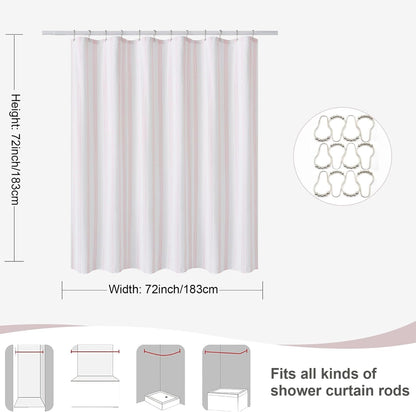 ORTIGIA Pink and White Striped Shower Curtain with 12 Metal Hooks, Crinkled Lightweight Textured Fabric Modern Farmhouse Minimalist Bathroom Curtain 72x72 Inch