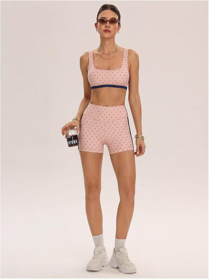 Milumia Women's Polka Dots Workout Set 2 Piece Color Block Bra Tank High Waisted Biker Shorts Layered Matching Yoga Outfit