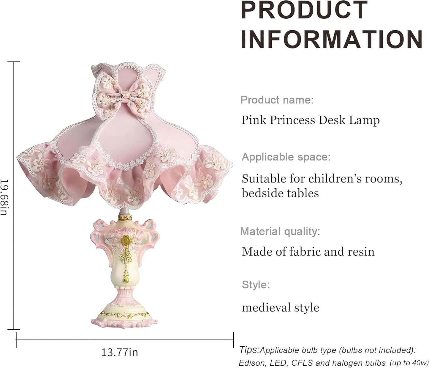Pink Princess Table Lamp, Victorian Lace Bow Bedside Lamp with Soft Light, Resin Base Desk Lamp for Bedroom Vanity Nursery