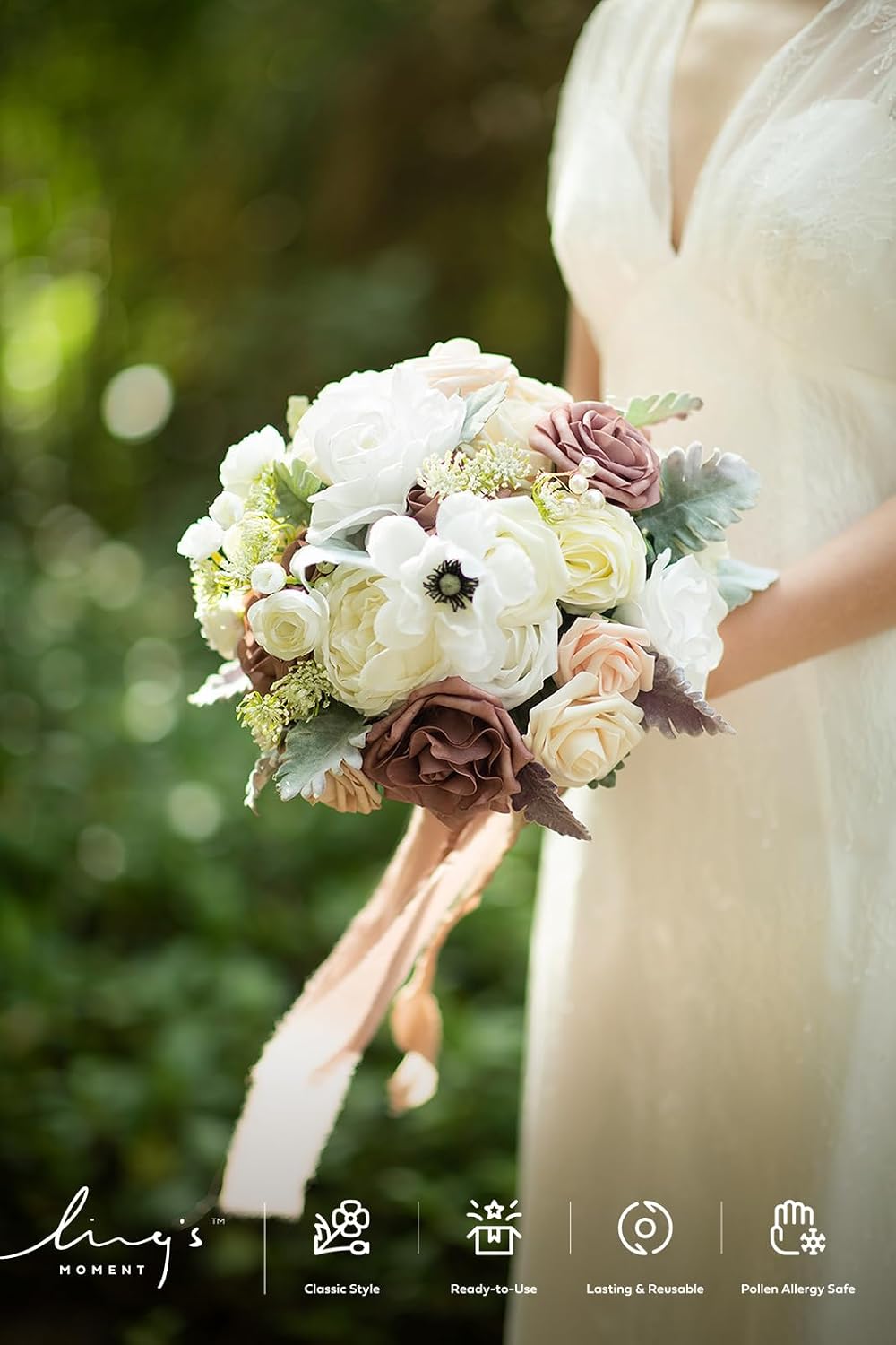 Ling's moment Dusty Rose Bridal Bouquet for Bride, Blush Pink Wedding Bouquets for Bride, 13 Inch Silk Round Artificial Wedding Flowers Bouquets