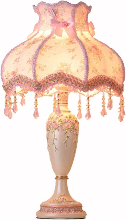 Bedroom Nightstand Princess Pink Table Lamp Handmade Victorian Lace Fabric Lampshade Resin Flower Carved Base