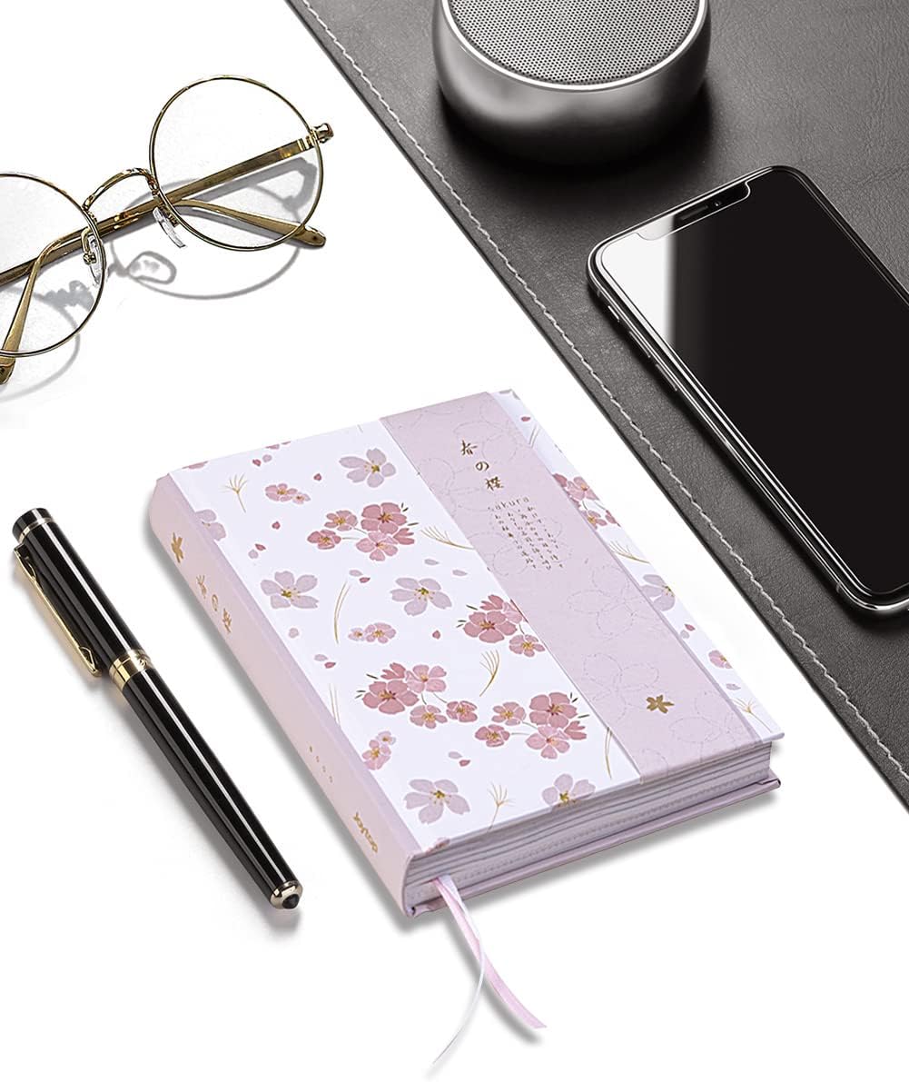 A5 Pink Hardcover Notebook Journal,Sakura Grid Diary Book Premium Paper 5.1X 7 in,226 Pages,Horizontal Line Journal for Women Girls Students Work Home School