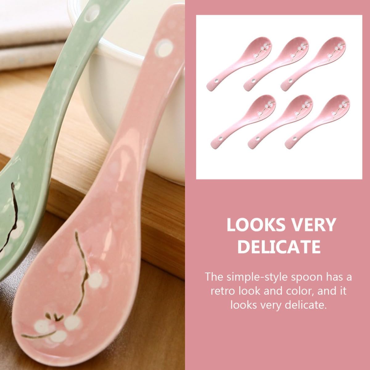 6pcs Japanese Ceramic Porridge Spoons Pink Small Soup Spoons Household Kitchen Utensils for Dining and Restaurant Use