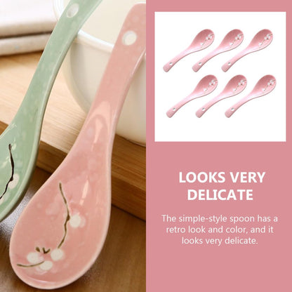 6pcs Japanese Ceramic Porridge Spoons Pink Small Soup Spoons Household Kitchen Utensils for Dining and Restaurant Use