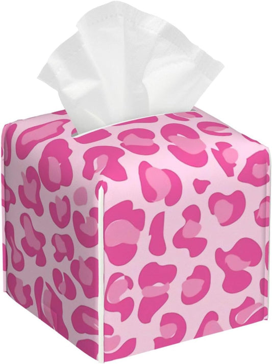 Pink Leopard Print Leather Tissue Box Holder, Suitable for Decorating Car Bathrooms, Bedrooms, Desks, and Tabletops