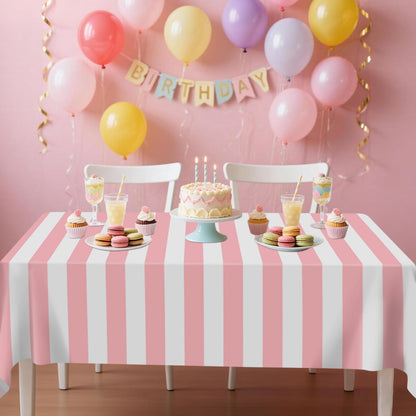 4 Pcs Pink and White Striped Tablecloths Plastic Pink Stripe Tablecloths Waterproof Rectangle Striped Tablecloth for Holiday Picnic Birthday Theme Party Decorations, 52 x 86 in