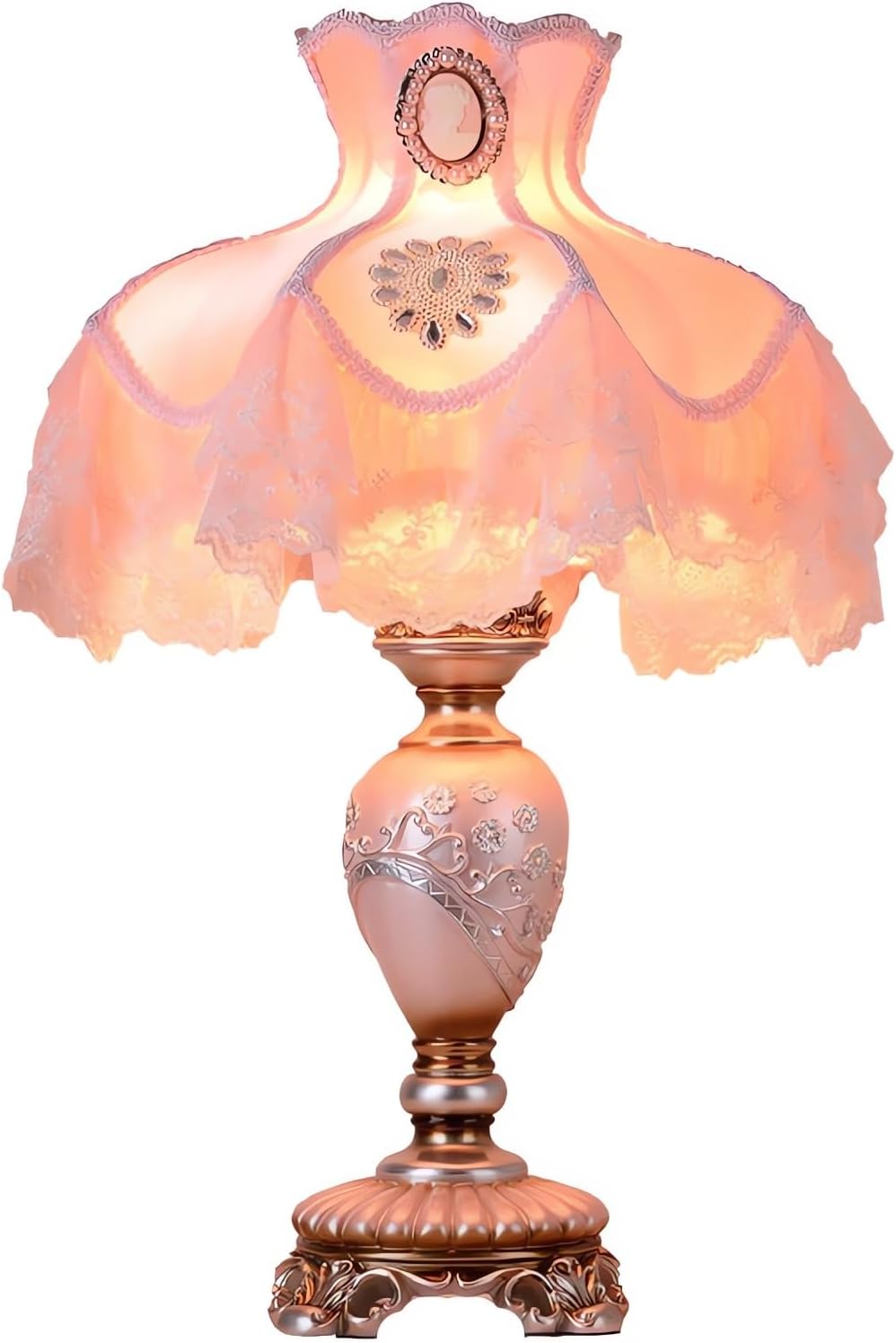 Pink Resin Table Lamp European Princess Desk Light Cerative Lace Fabric Lampshade with Resin Lamp Body Beside Lamp for Bedroom Living Room Study Room Nursery Room