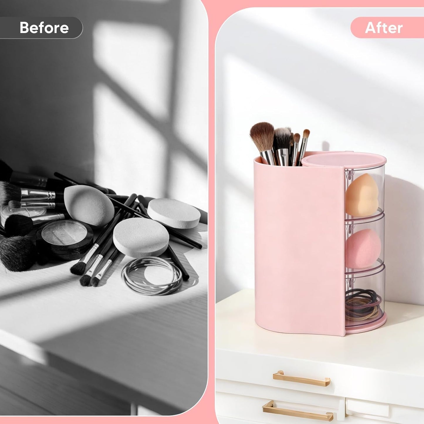 3-Tier Rotating Hair Accessories Organizer, 360° Spinning Storage Stand for Makeup Brushes and Jewelry, Compact Vanity Display Case for Girls, Holds Hair Clips, Earrings, Rings, Bracelets(Pink)