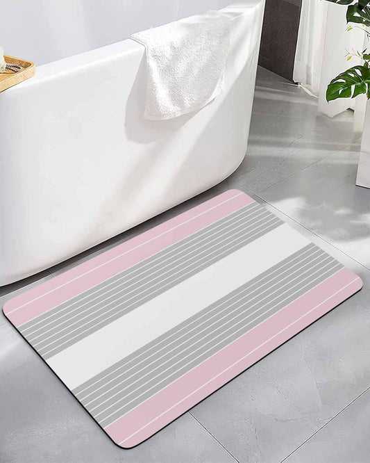Pink Striped Bath Mat for Tub,Multicolor Grey White Horizontal Stripes Non Slip Bathroom Floor Runner Rug Quick Dry & Absorbent Diatomaceous Earth Shower Sink Bedroom Kitchen Doormat 16"x24"