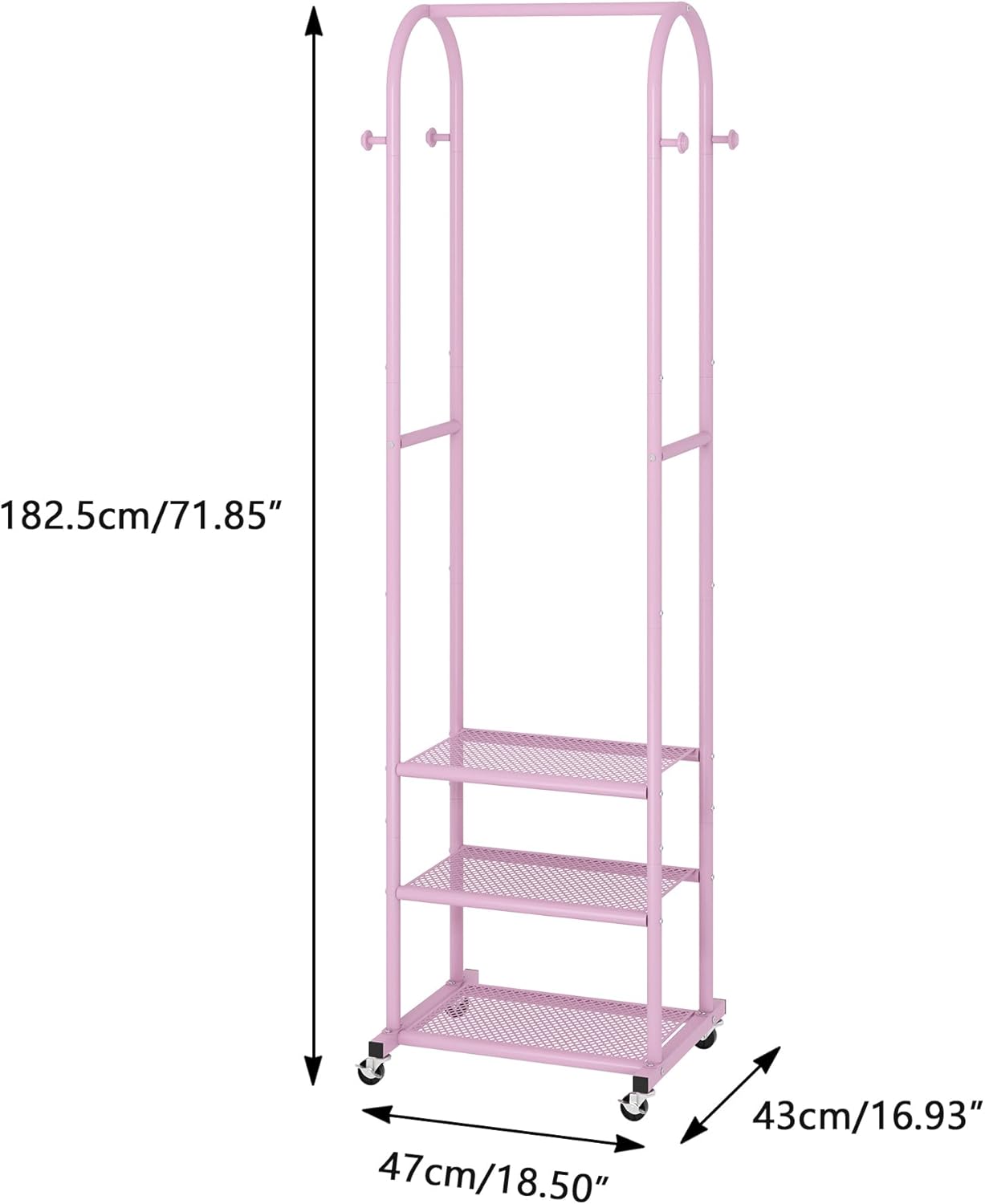 Kaitiemoo Heavy Duty Clothing Rack With Wheels,Modern Garment Rack With 3 Metal Shelves, 71.8Inches Display Rack For Hanging Clothes, Hanging Rod For Small Space,Pink