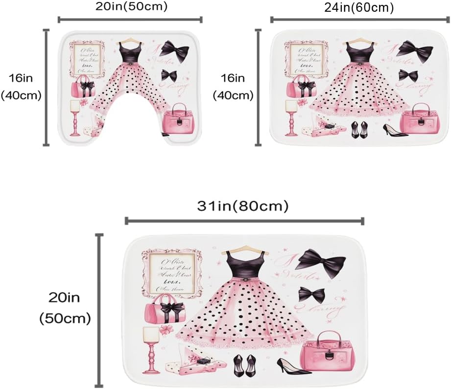 TheBlackSpot Bathroom Rugs Sets 3 Piece Pink Cute Bow Bathroom Mat Set Girly Girls Aesthetic Pretty Women Funky, Memory Foam Bathroom Rugs, U-Shaped Toilet Rug Non Slip Absorbent Pink