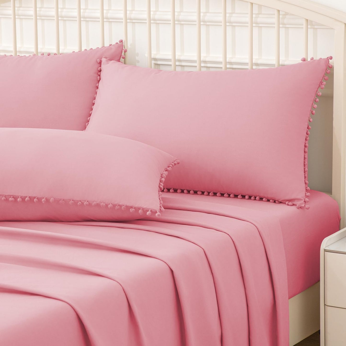 Pom Poms Pillow Shams Queen Size Set of 2, Pink Decorative Pillowcases with Envelope Closure, Soft Microfiber Shams Cover with Pom Pom Trim, Wrinkle Resistant (20 x 30 Inches)