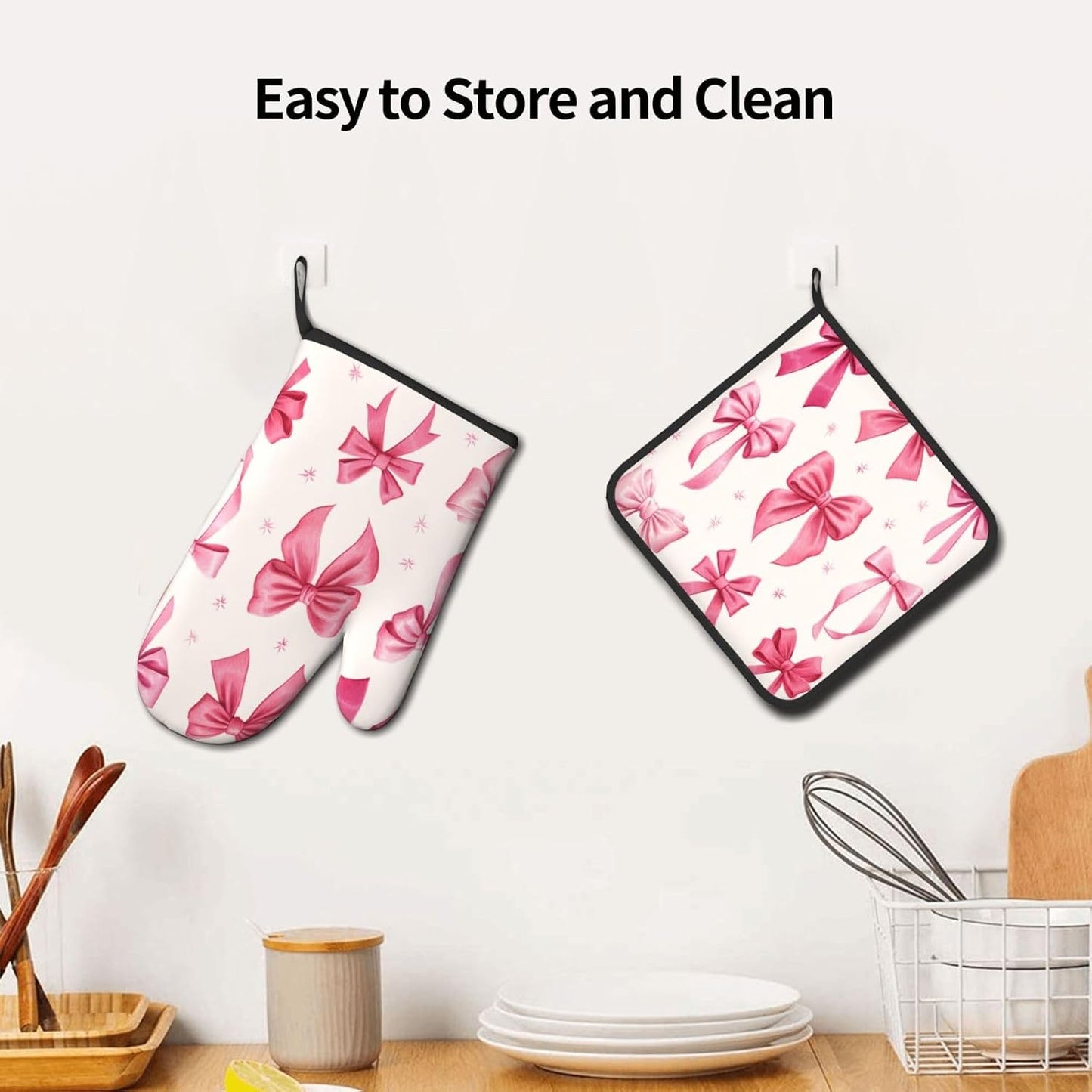 Light Pink Bows in Three Rows Oven Mitts and Pot Holders Sets,Heat Resistant Potholder Kitchen Decor for Cooking Baking BBQ, Oven Glove Set