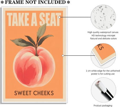 Take a Seat Sweet Cheeks Poster Funny Bathroom Wall Decor Peach Art Retro Sayings Pictures Canvas Print Trendy Fruit Painting Fun Bedroom Toilet Restroom Home Decor 8x12inch Unframed