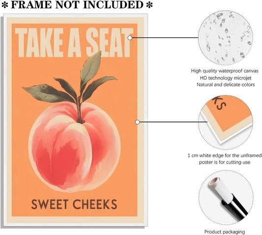 Take a Seat Sweet Cheeks Poster Funny Bathroom Wall Decor Peach Art Retro Sayings Pictures Canvas Print Trendy Fruit Painting Fun Bedroom Toilet Restroom Home Decor 8x12inch Unframed