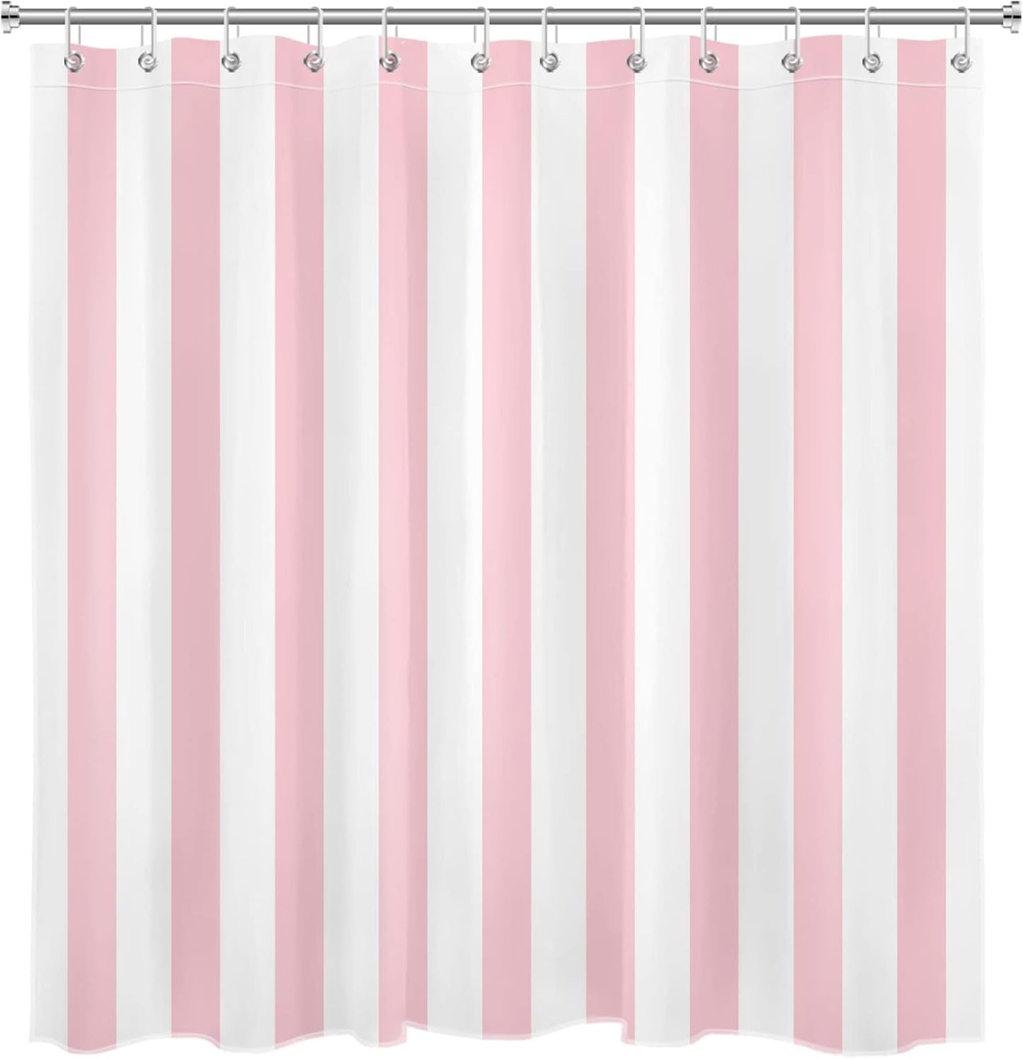 LB Pink and White Striped Fabric Shower Curtain for Bathroom with 12 Hooks, Vertical Stripe Geometric Shower Curtains for Bathroom, Modern Farmhouse Chic Style Bathroom Shower Curtains, 72x72 Inch