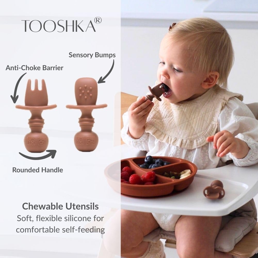 Tooshka® Baby Utensil Set (3 pcs) - Self Feeding Spoons and Tiny Cup - Silicone & BPA Free - Baby-Led Weaning (BLW) Supplies - Ages 6+ Months - Pink Baby Cup & Utensils