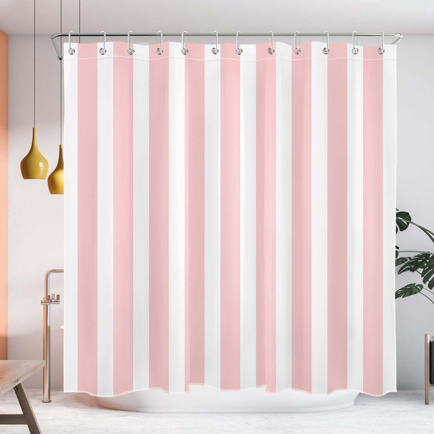 MASLEK Pink and White Striped Shower Curtain for Bathroom, Modern Vertical Stripe Geometric Bathroom Decor Minimalist Aesthetics Bathroom Curtain with Hooks, 72W X 72L Inch