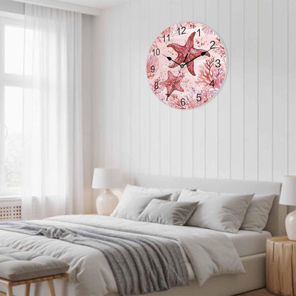LooPoP Wall Clock Red Pink Starfish Clocks PVC Silent Non-Ticking Battery Operated Decorative Coastal Ocean Coral Round Clock for Home Living Room Kitchen Bedroom Office School Wall Decor 14 Inch