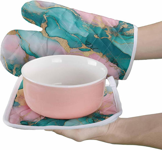 Quilted Cotton Terry Cloth Oven Mitt, Pot Holder Light Pink Green Gold Marble 2-Pack Kitchen Set, Heat insulation, Silicone Grip, Gift Set