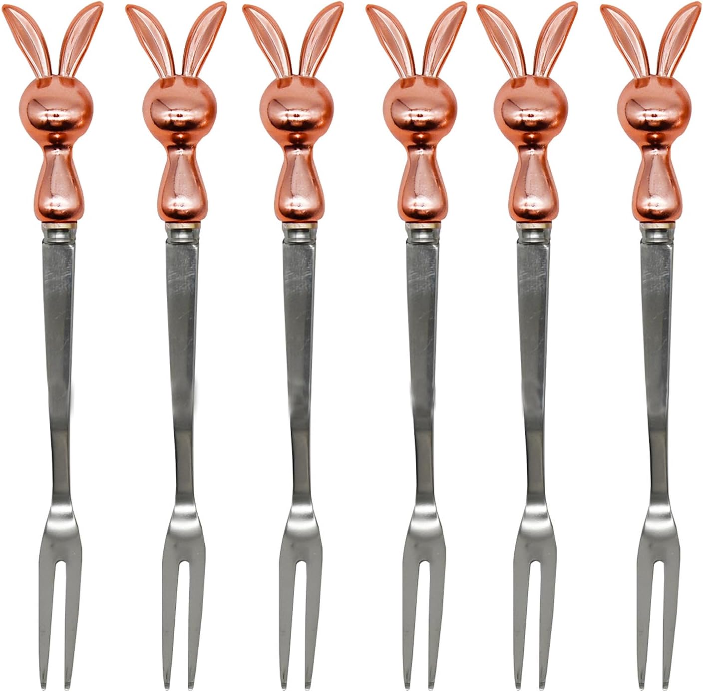 6Pcs Rose Gold Rabbit Fruit Forks 5.2inch Bunny Appetizer Forks 18/10(304) Stainless Steel Small Cocktail Forks for Easter Party Favors Cake Dessert