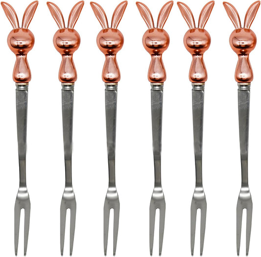 6Pcs Rose Gold Rabbit Fruit Forks 5.2inch Bunny Appetizer Forks 18/10(304) Stainless Steel Small Cocktail Forks for Easter Party Favors Cake Dessert