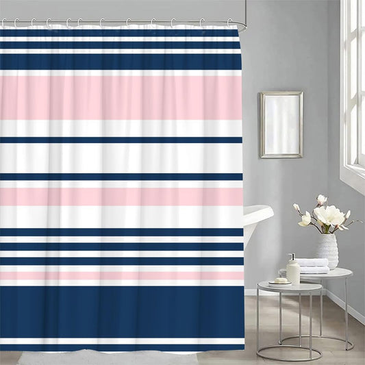 Navy Blue and Pink Striped Shower Curtain Vertical Stripe Minimalist Modern Vintage Classic Bathroom Decor Curtains Set with Hooks, 70" W x 70" H