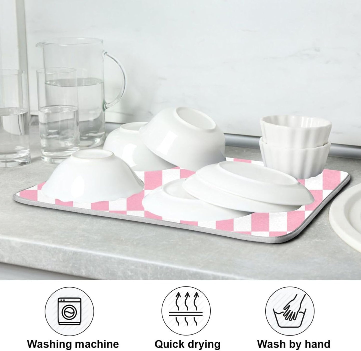 Pink White Checkered Pattern Dish Drying Mat for Kitchen Counter Absorbent Reversible Microfiber Drying Pad Countertop Drainer Mats, Large 18 x 24 inch