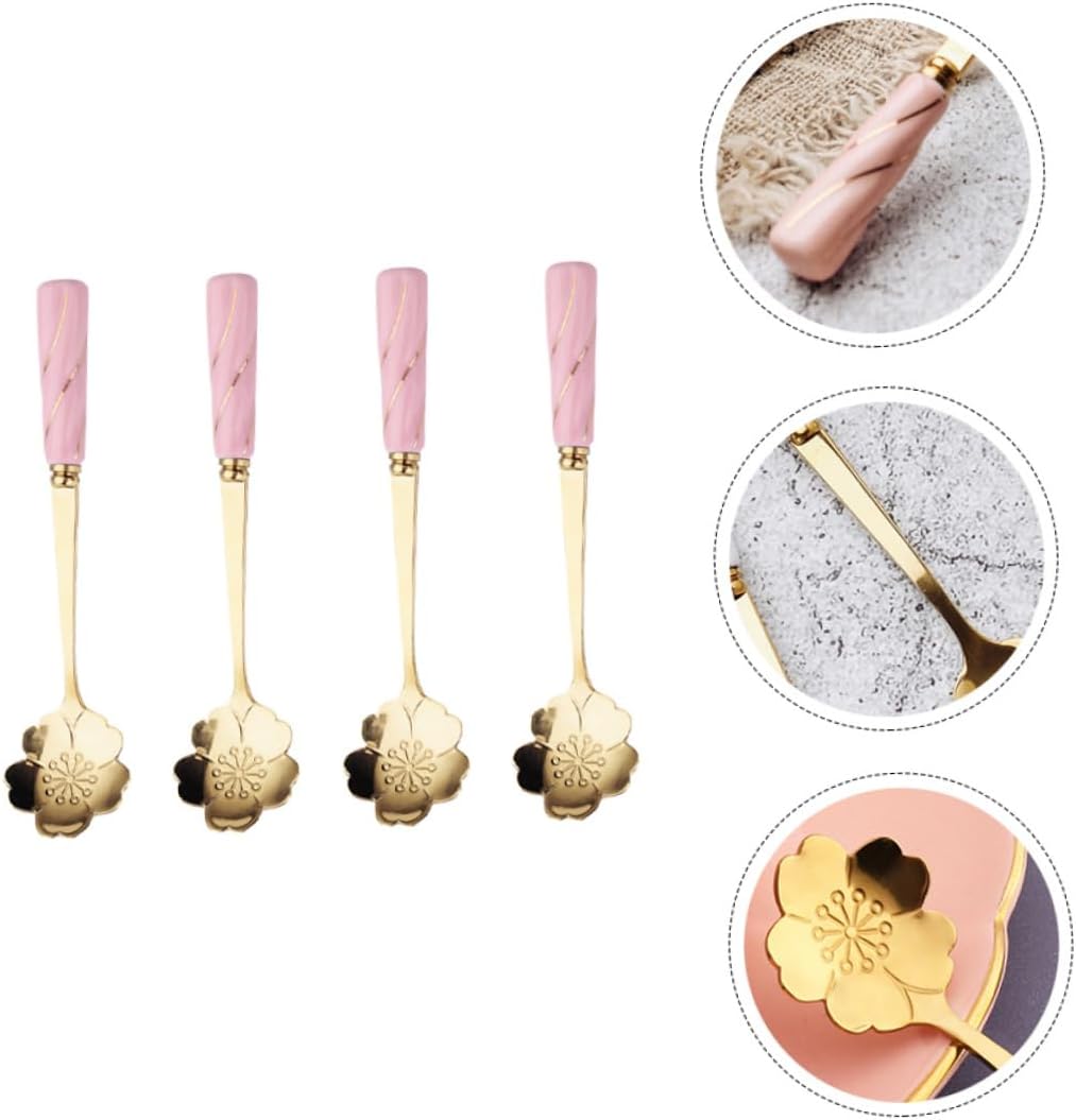 Mobestech 4pcs Dessert Spoons with Elegant Flower Ceramic Handles Creative Mixing and Cake Serving Utensils Stylish Pink Gold Design Practical for Coffee Tea and Beverages