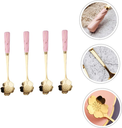 Mobestech 4pcs Dessert Spoons with Elegant Flower Ceramic Handles Creative Mixing and Cake Serving Utensils Stylish Pink Gold Design Practical for Coffee Tea and Beverages