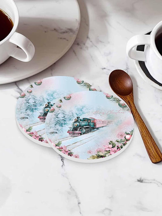 Merry Christmas Coaster Set of 6 Train Snow Flowers Lights Berries Pink Drink Coasters Absorbent Ceramic Coaster for Table Dining Cup Mat for Kitche Cafe Bar Warming Gifts 4 Inches