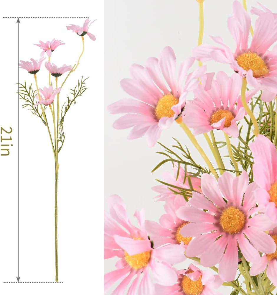 Artificial Daisy Flowers 6 Bundles 21” Faux Silk Daisy Flowers with Stems for Home Garden Vase Decor, Pink