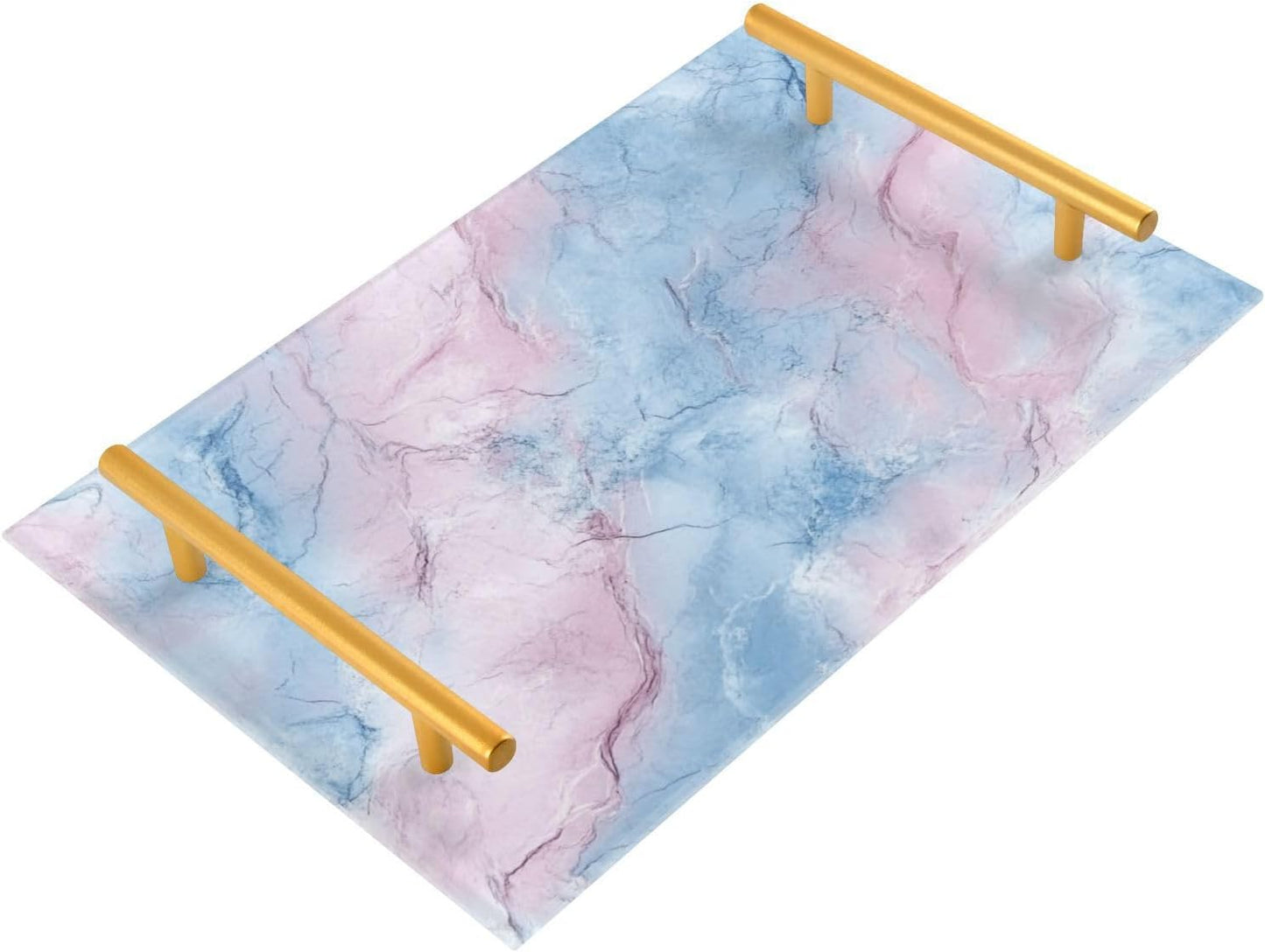 Peach and Light Blue Marble Texture Decorative Dinner Tray with Handles Coffee Serving Tray for Jewelry Perfume for Dinner Serving bandeja para Comer
