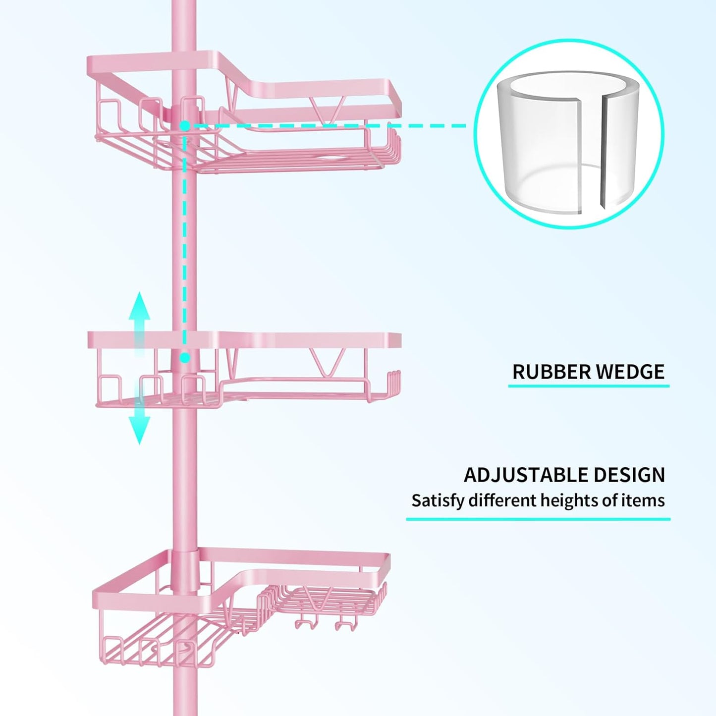 DAOYA Corner Shower Caddy Tension Pole - Pink - Rustproof Adjustable Bathroom Organizer Shelf for Shampoo, 25–114.2 Inch Shower Rack for Renters, Apartments