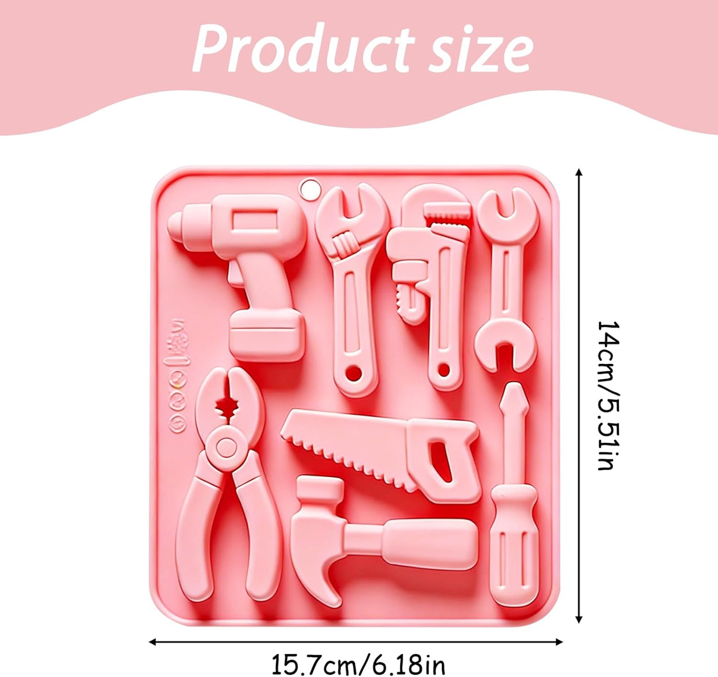 Silicone Tool Mold Set for Cake Decorating, Construction Theme, Pink, 14cm x 15.7cm, Includes Hammer Wrench Saw Pliers Drill Screwdriver